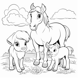 un poney et deux chiens