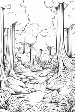 a cute tranquil forest coloring bookvector white background black and white black drawing