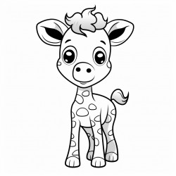black and white whimsical cartoon baby giraffe on white background