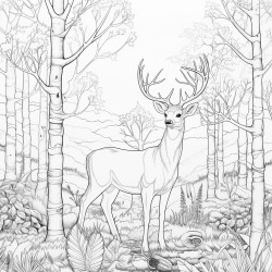 create a blackandwhite coloring page of a peaceful forest scene featuring a deer standing among trees the deer should have bold welldefined outlines with large open spaces for easy coloring the background trees and plants should be simple yet clear keeping the focus on the deer