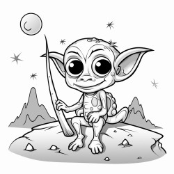 alien sitting on a meteorite holding a fishing rod