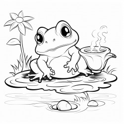 frog sitting on a mushroom drinking tea by the lake