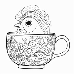 i want a picture of a hen sitting inside of a mug of tea the full mug must be in the picture