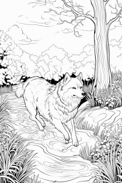 a dog running through the garden by a river filled with tall trees and meadow like grass