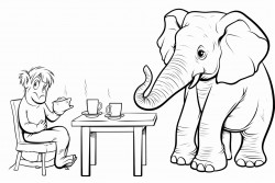 image of an elephant and a donkey sitting at a table drinking coffee