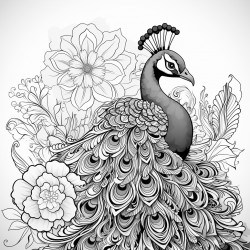 peacock in open pose mandalas theme floral elements detailed drawing