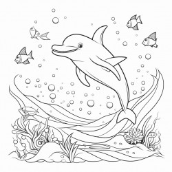 a playful scene with a dolphin jumping over waves surrounded by smiling starfish and colorful seashells