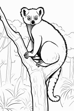 an indri lemur clinging to a tree trunk in the rainforest with smaller trees and birds in the background