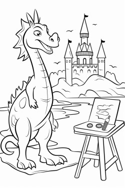 a unicorn drawing a picture of a frog on a easel with a castle in the background
