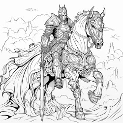 a dark knight on a gothic horse with intricate armor and flowing cloak