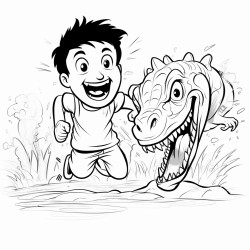 terrified boy running from a mean crocodile