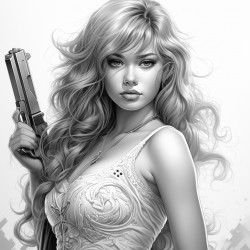 a beautiful chick with long hair holding a gun