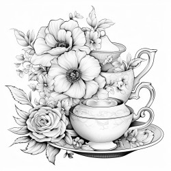 tea cups and saucers tea pot with floral design on tea bag