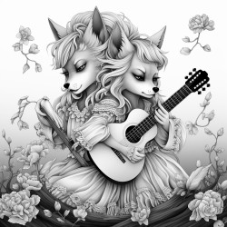 fox playing guitar in a magical forest two girl best friends in a room col