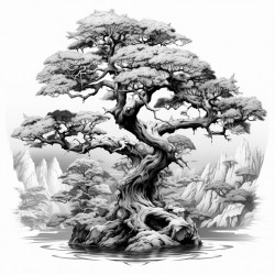 tree highly detailed black outline zen theme floral elements no grayscale epic illustration masterpiece