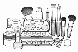 makeup items including a blush compact perfume bottle eyeshadow palette lipstick mascara and makeup brushes