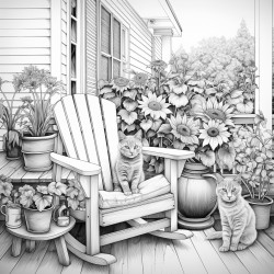 a front porch scene with a sunflower in a pot a cat and a rocking chair