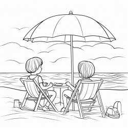 kids at the beach with their supplies by their chair under a umbrella
