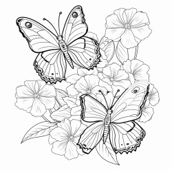 create a coloring page with clear thin line art and no shading or filled areas include patterns of pansies and caterpillars