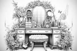 a chic vanity with an elegant mirror surrounded by makeup brushes foundations eyeshadow palettes and lipstick tubes