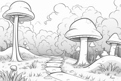 forest path with long trees and with leaves falling around them and some mushrooms coloring pages for kids cartoon style thick lines low details black and white no shading