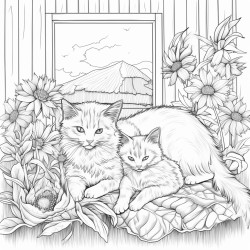 two cats sleeping on the edge of a veranda of a farm house sunflowers in the background