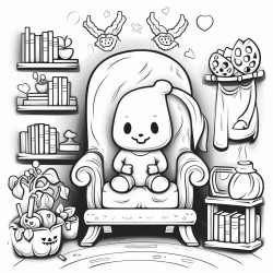 a cute ghost in a witchcrafting room sitting down on a armchair