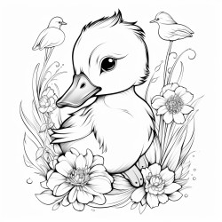 cute baby duck with a cosmo flower on his head clear lines