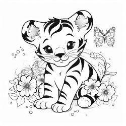 cute tiger with flowers and butterflies