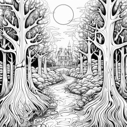a haunted trail with with tall trees