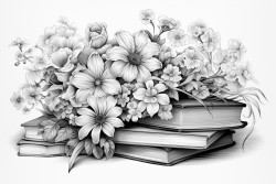 books surrounded by various delicate flowers