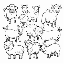 farm animals cows chickens pigs white background without detailing without shadow without showing
