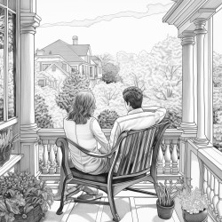 a couple sitting close together on the veranda and looking into the garden backview