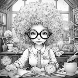 female anthropomorphic rabbit with an afro works in an office
