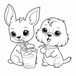 cute bunny and cute dog drinking from cup with straw