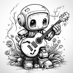 smiling robot playing guitar