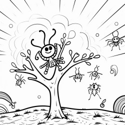 cartoon spider tree rainbow and bee