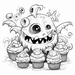 cute monsters baking halloween treats like eyeball cupcakes and spider cookies