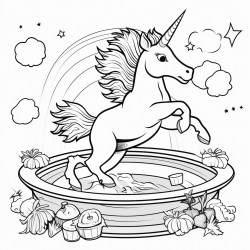 unicorn jumping on a trampoline made of vegetables