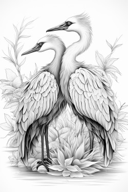 two white cranes facing each other with heads held high and wings open
