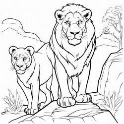a lion and a lioness standing in a rock