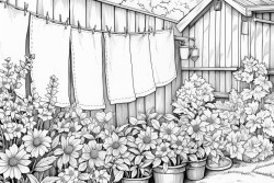 quilts hanging on the line in a flower garden