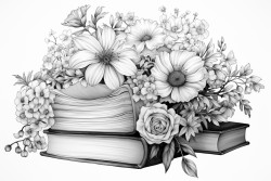 open books surrounded by various delicate flowers