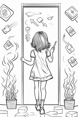 girl draws dollars on the chalkboard arrows up