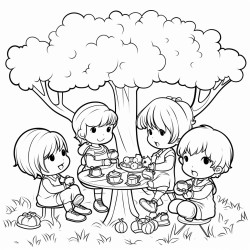 three girls and two boys having a tea party under a meatball tree
