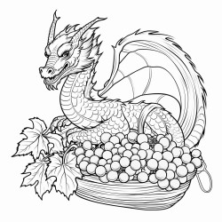 oriental dragon with a  basket of grapes plumes and blackberries