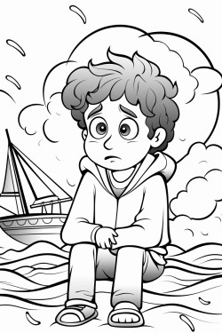worried boy working in a boat with a big storm