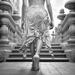 high heels walking confident flow skirt showing at the top of page