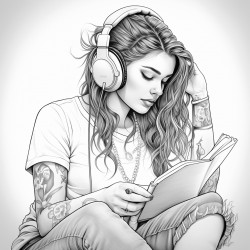 rocker girl listening to music while reading