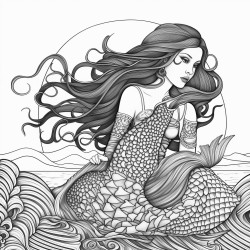 a gothic mermaid with long flowing hair and dark scales resting on a rock in a shadowy sea